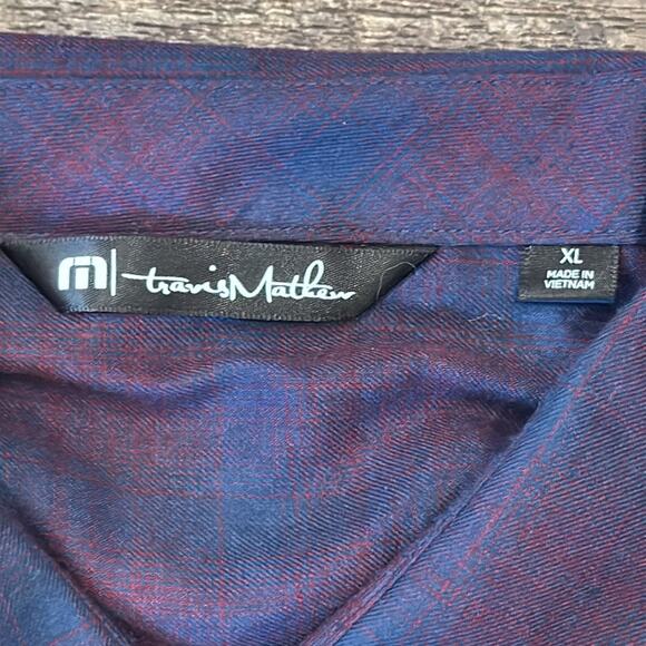 Travis Mathew Men's Plaid Button Up Long Sleeve Shirt Dark Navy Dark Red Size XL - Picture 6 of 9